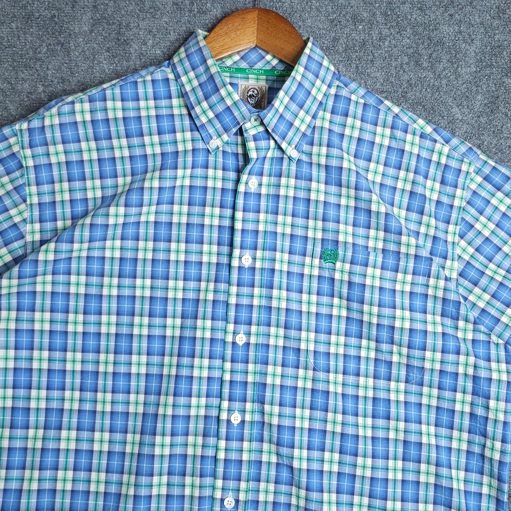 Cinch Mens Western Plaid Shirt Large Short Sleeve Blue Green Button Down Cowboy